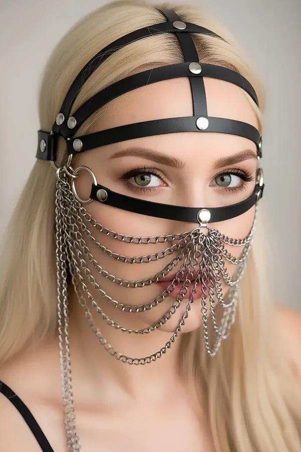 black faux leather face harness with seven draping silver chains and O-ring detail worn as a chain veil mask
