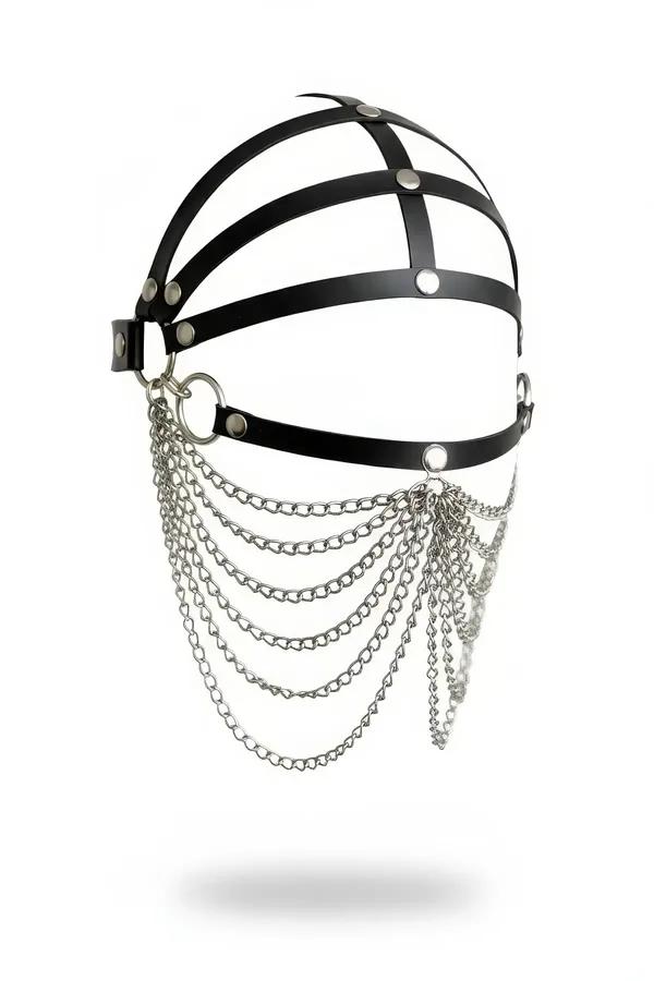 black faux leather cage face mask with eight layered draping silver chains and central O-ring, side view