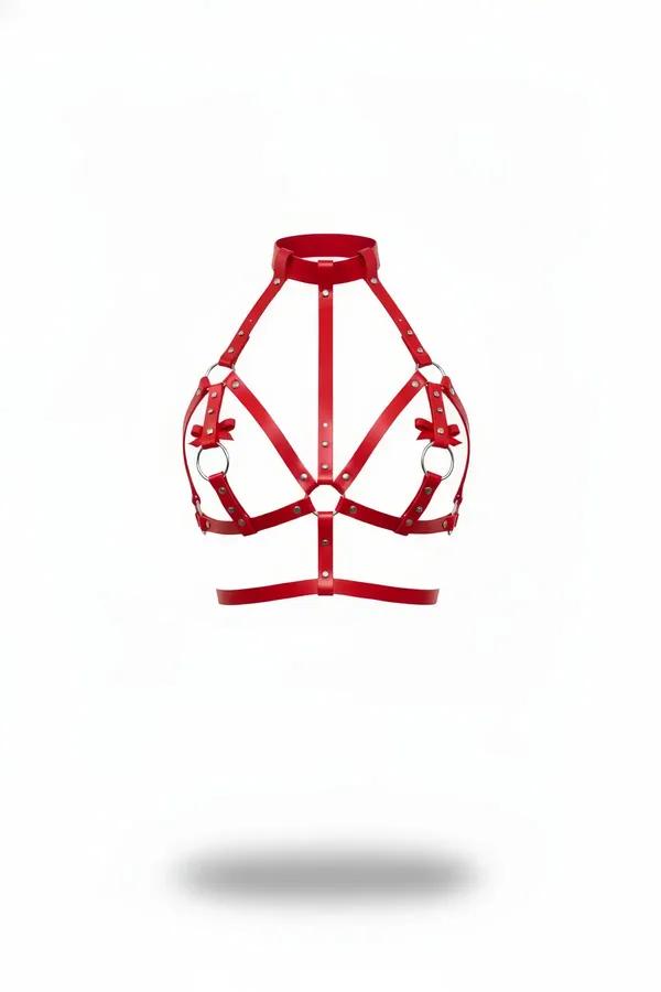 Red faux leather chest harness bra with high choker collar, silver O-rings, bow accents, and underbust band