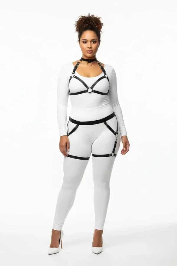 Black Caged Body Harness Set with Garter Thigh Straps