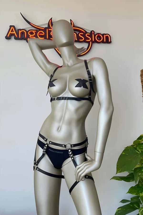 Adjustable Faux Leather Harness Lingerie Set with Garter Straps