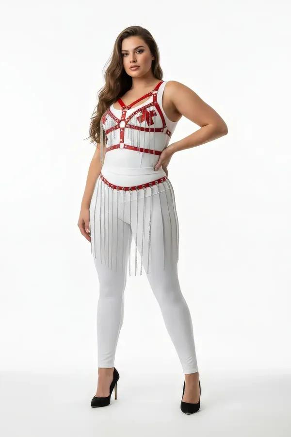 Body Harness Set with Red Bust Accents & Fringe Skirt