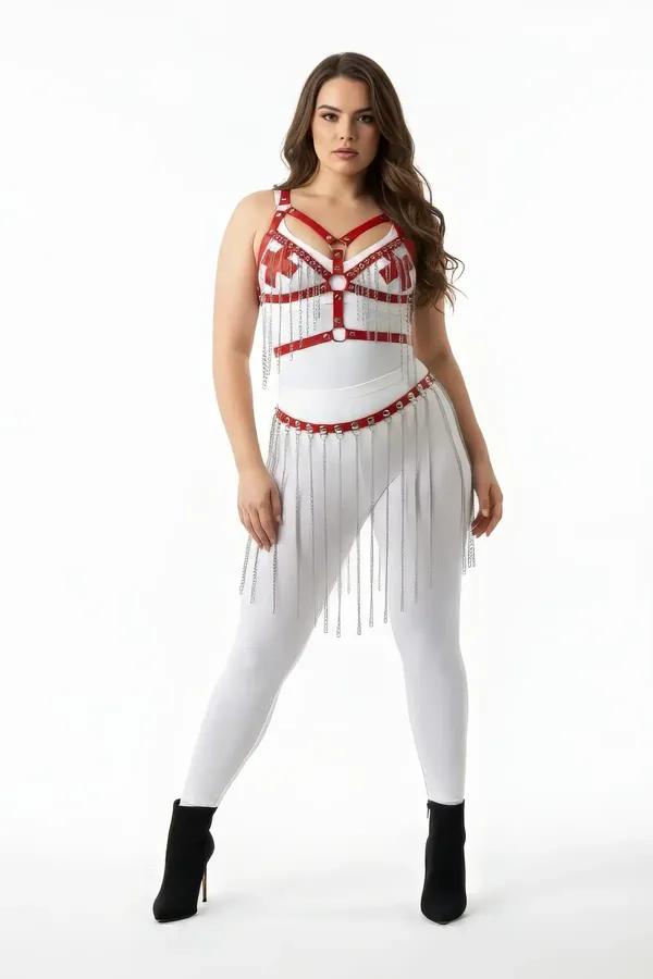 Body Harness Set with Red Bust Accents & Fringe Skirt