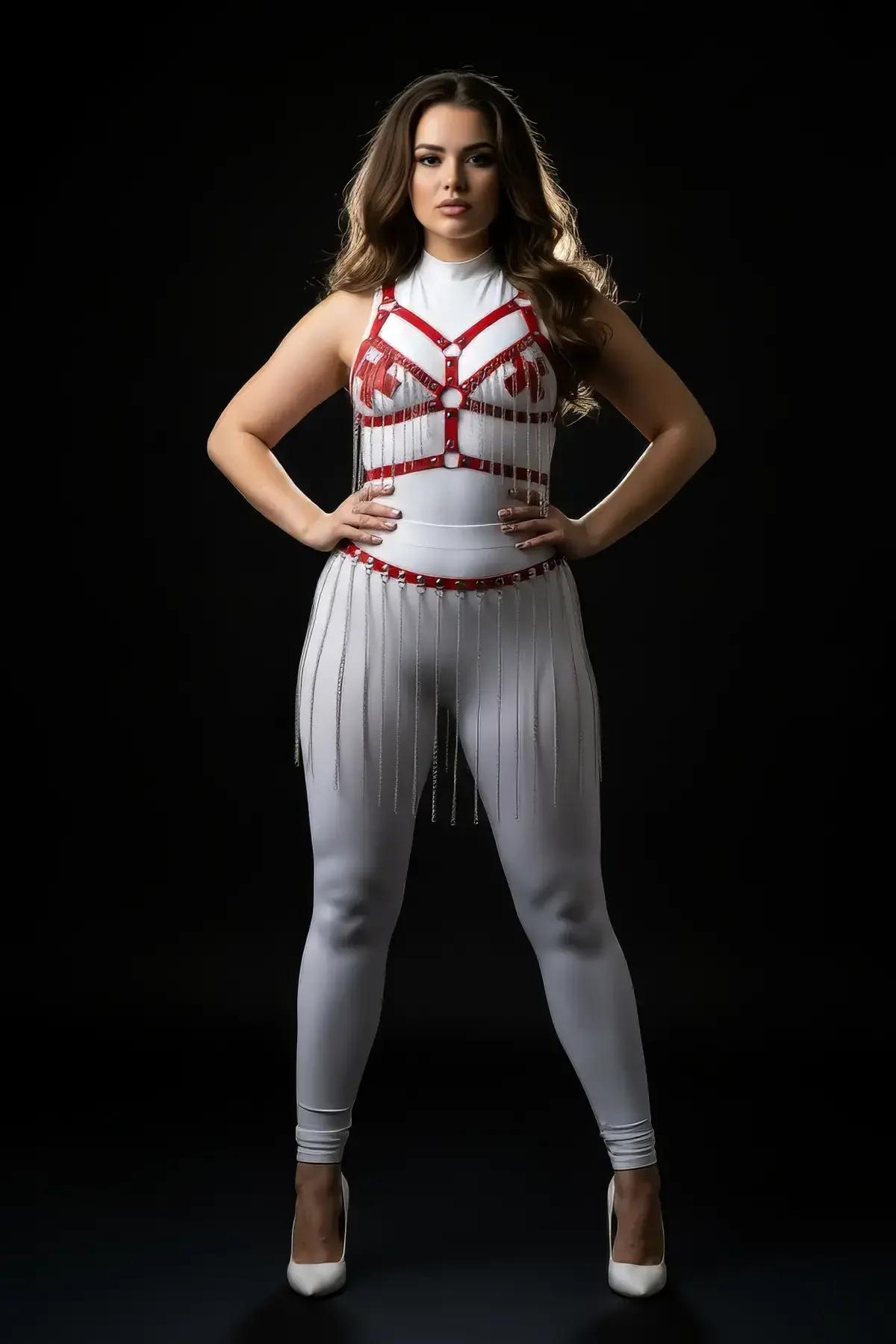 Body Harness Set with Red Bust Accents & Fringe Skirt