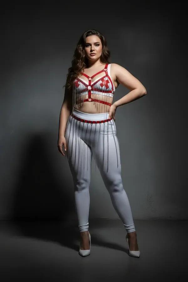 Body Harness Set with Red Bust Accents & Fringe Skirt