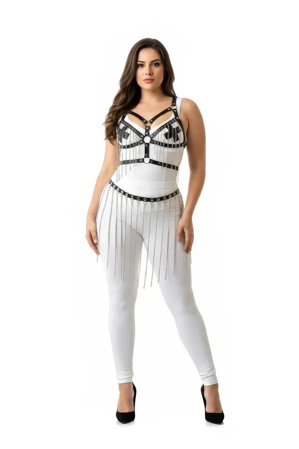 Faux Leather Body Harness with O-Rings & Fringe Chain Skirt Set
