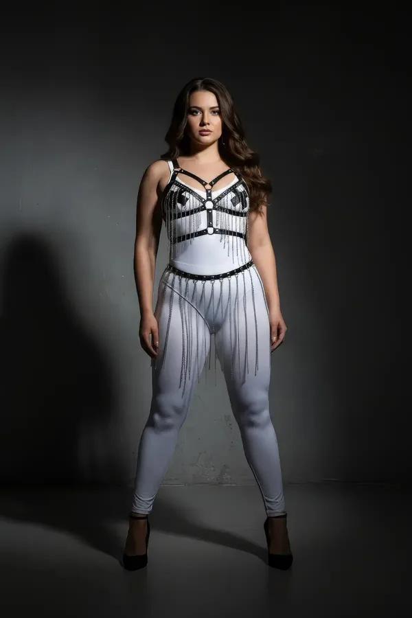 Faux Leather Body Harness with O-Rings & Fringe Chain Skirt Set