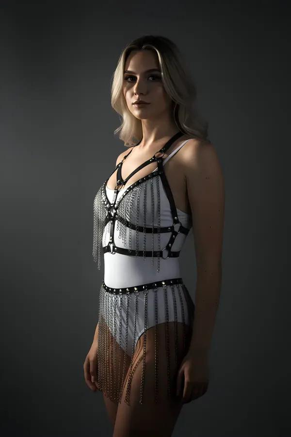 Faux Leather Body Harness & Fringe Skirt Set