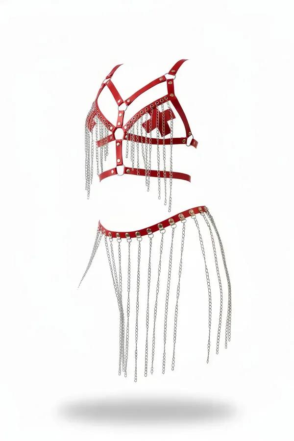 red faux leather chain harness bralette and skirt set with cascading silver fringe front view