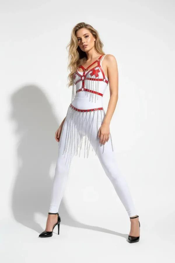 Red Faux Leather Chest Harness & Chain Fringe Skirt Set