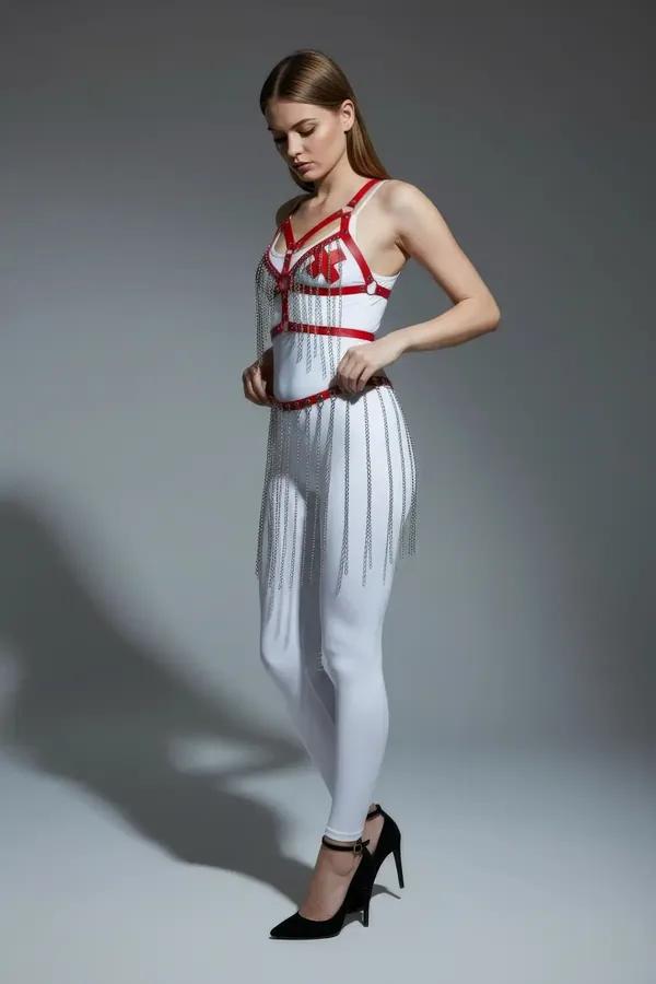 Red Faux Leather Chest Harness & Chain Fringe Skirt Set