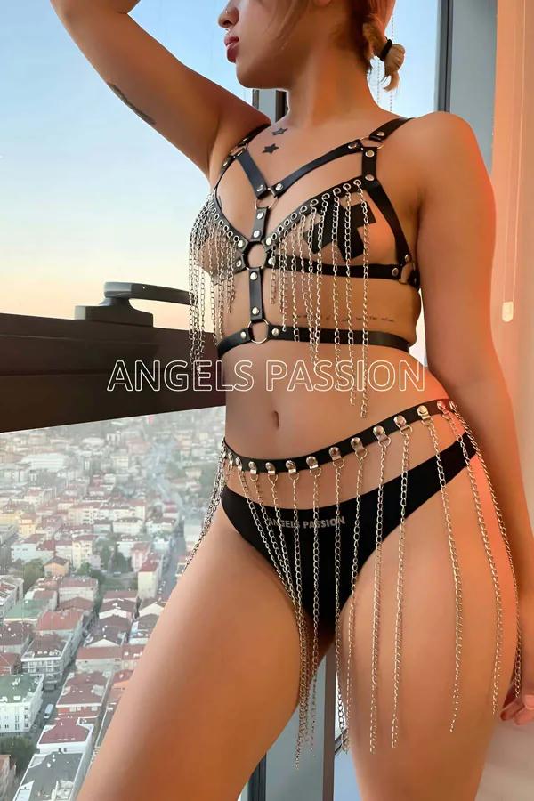 Faux Leather Body Harness with Draped Chain Skirt Set