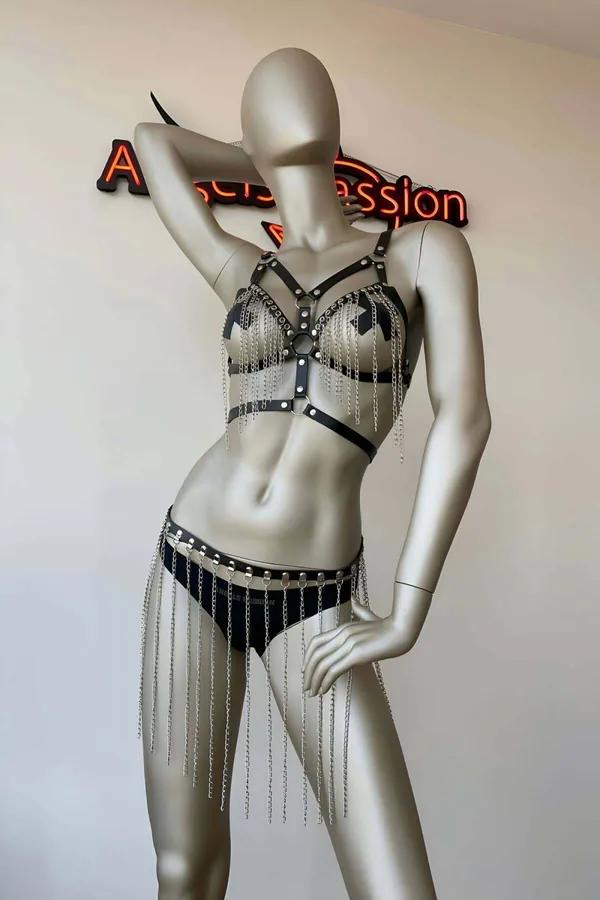 Faux Leather Body Harness with Draped Chain Skirt Set