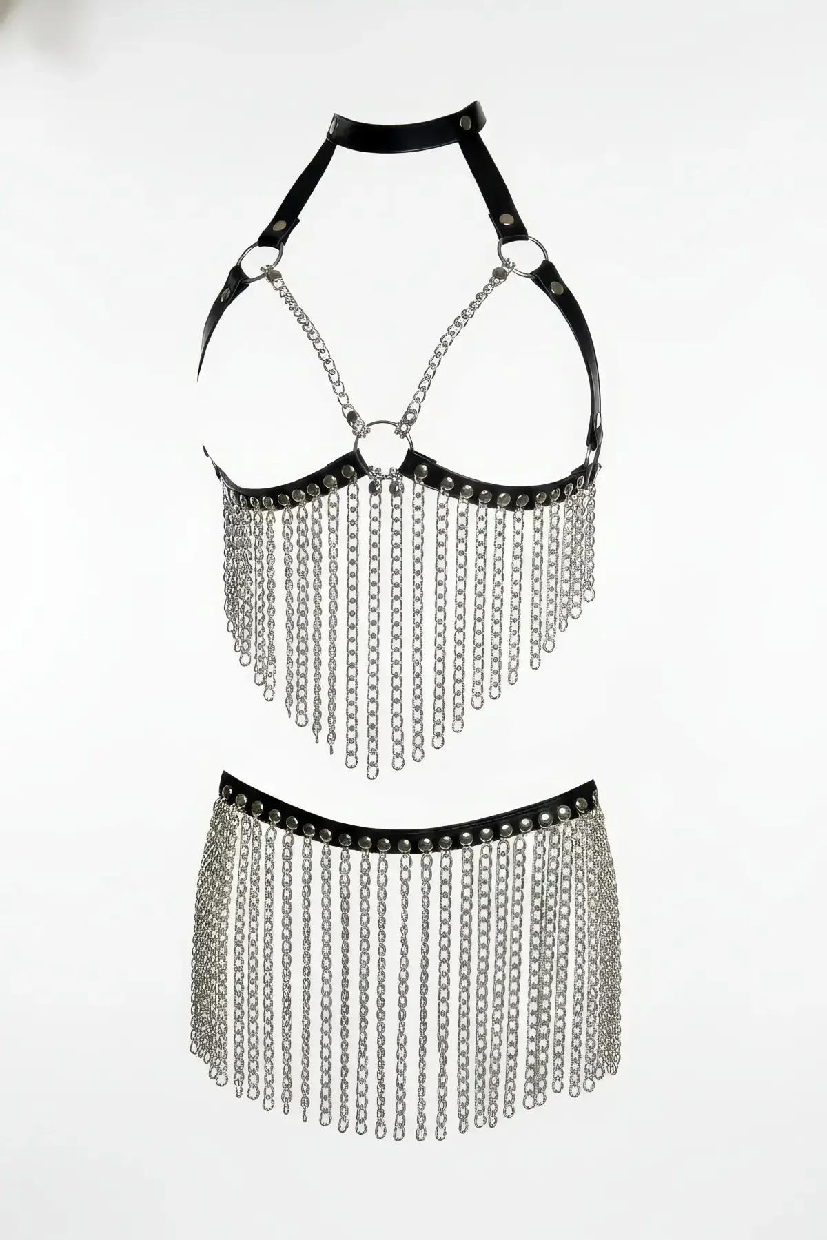 Chain Fringe Faux Leather Harness Bralette & Skirt Set