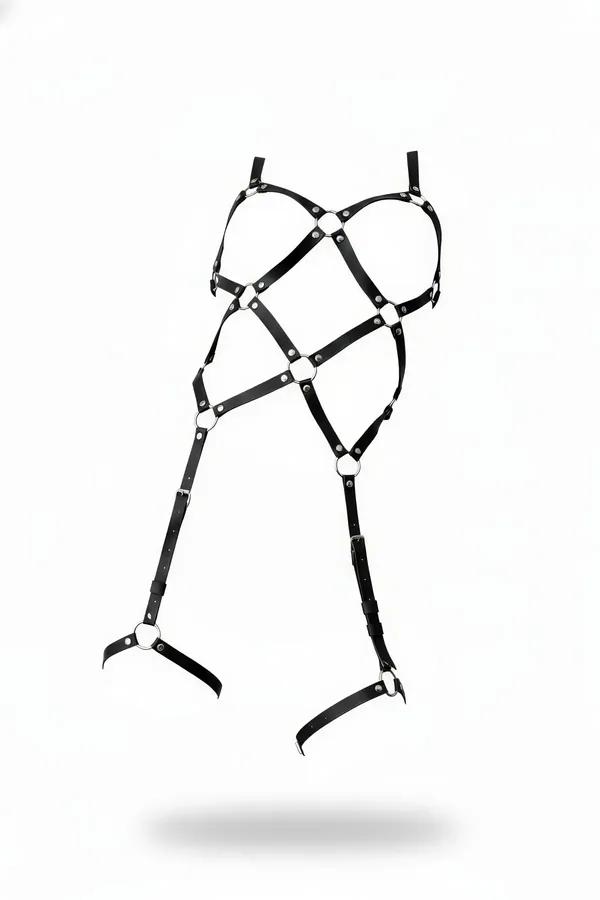 Caged Full Body Harness with Adjustable O-Ring Thigh Garters