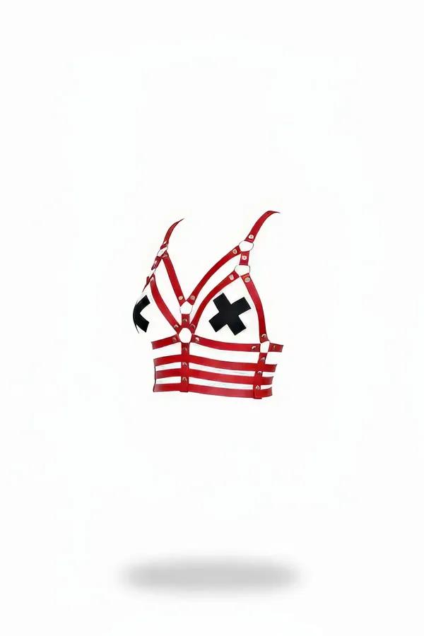 Red faux leather bustier harness with black X-details, gold O-rings, and triple horizontal midriff strap bands