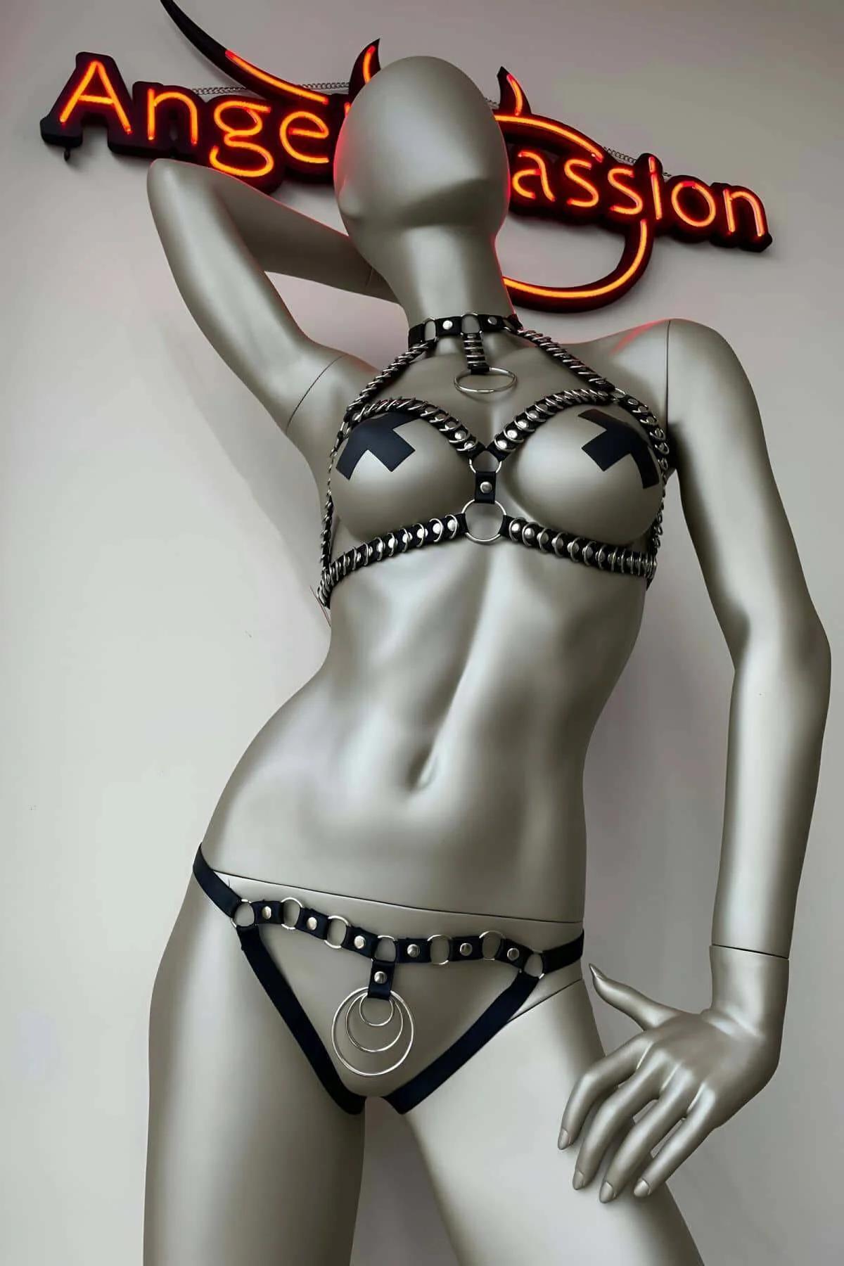 harness takım geniş beden 2XL 3XL 4XL uyum siyah elastik bant gümüş donanım