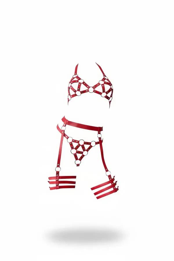 Red Caged Faux Leather Harness Bra & Garter Set