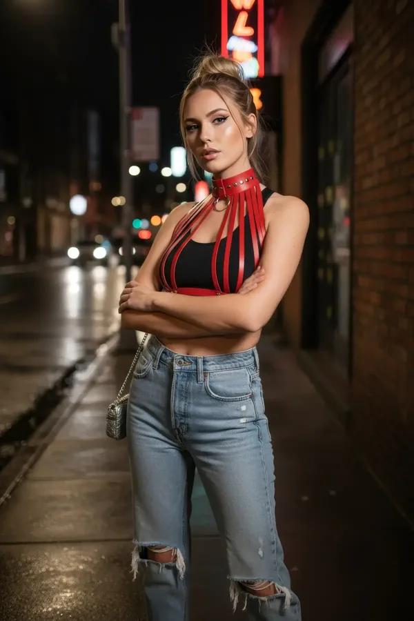red faux leather caged chest harness with gold-stud choker and O-ring, six vertical strap cage over white bralette
