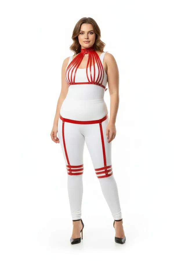 red faux leather cage chest harness set with tiered choker collar and triple-band thigh garters gold hardware