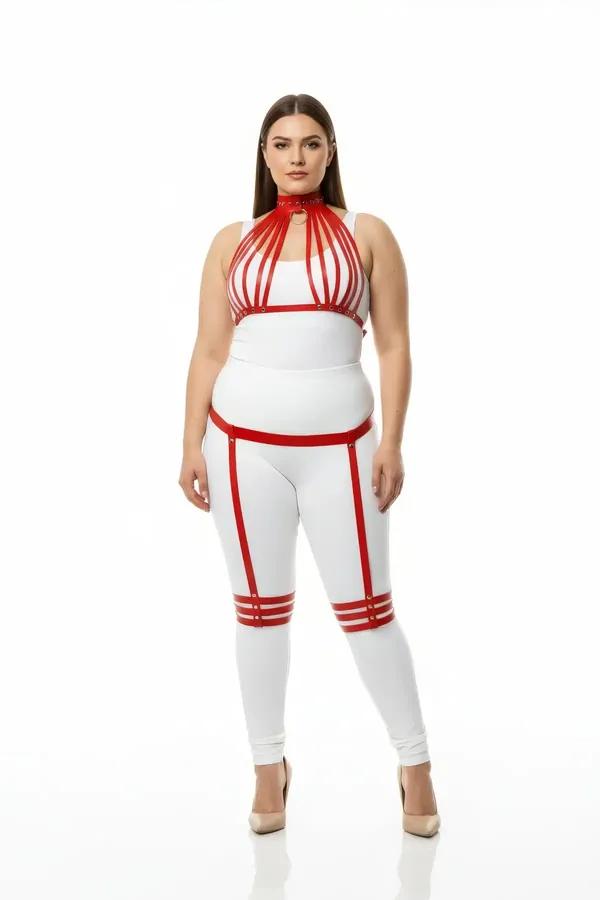 red faux leather cage chest harness set with tiered choker collar and triple-band thigh garters gold hardware