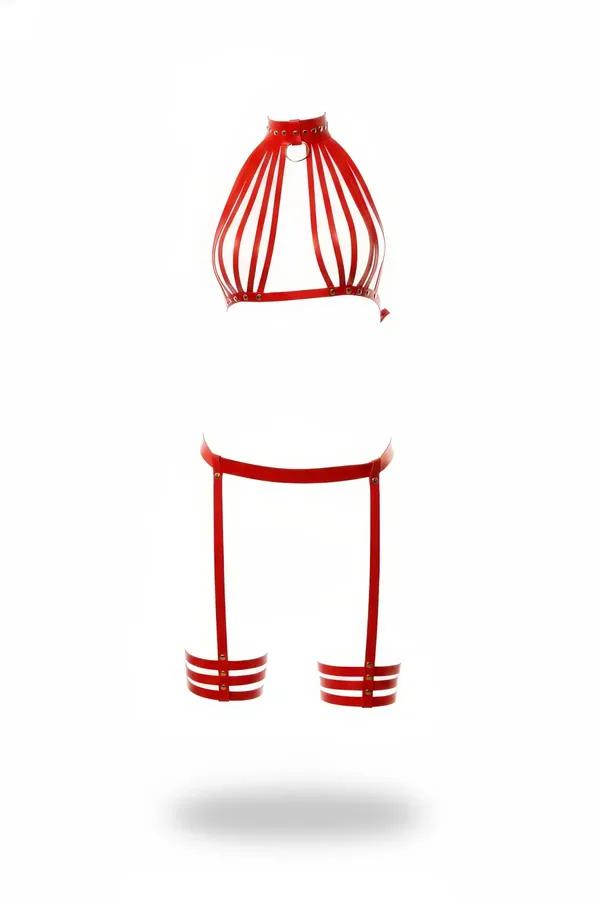 Red Caged Harness Bra and Garter Leg Set