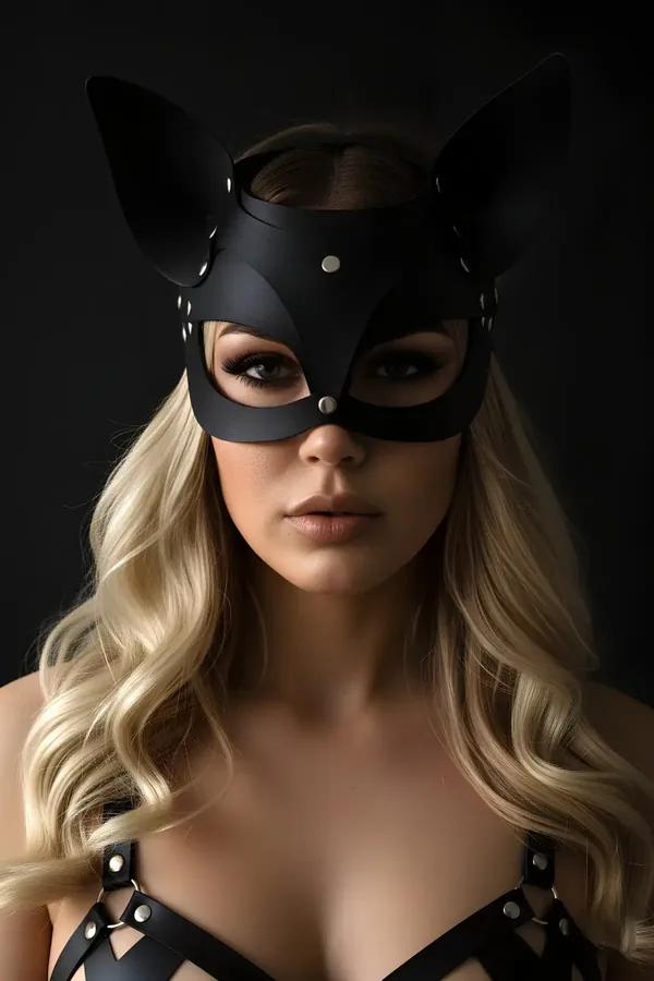 black faux leather cat mask with studded ears and silver rivets structured panels half face