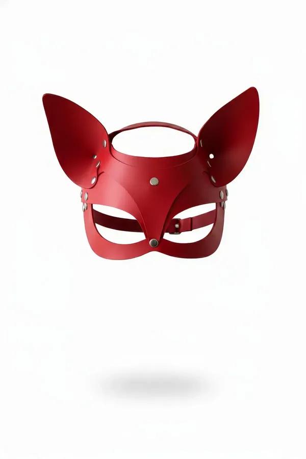 red faux leather cat eye mask with pointed ears and silver snap stud hardware front view