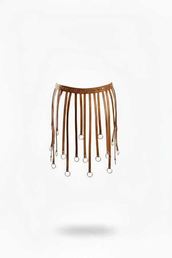 Tan Faux Leather Fringe Waist Harness with O-Rings