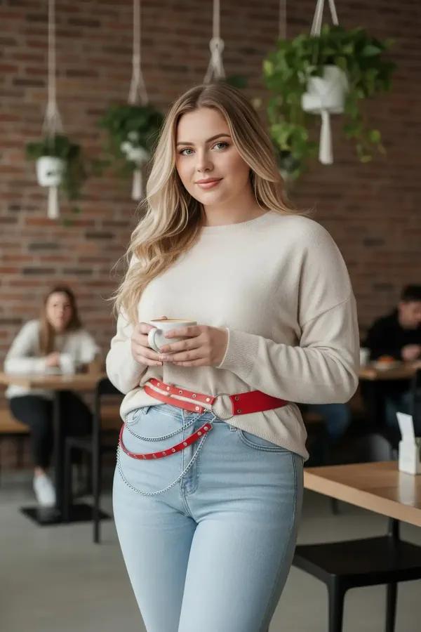 red faux leather waist harness belt with three draped silver chains worn over cream sweater and light blue jeans