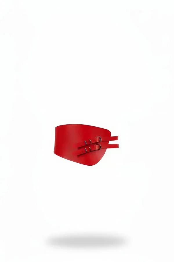 red vegan leather wide waist cinch harness belt with dual red pin buckle straps, smooth PU finish