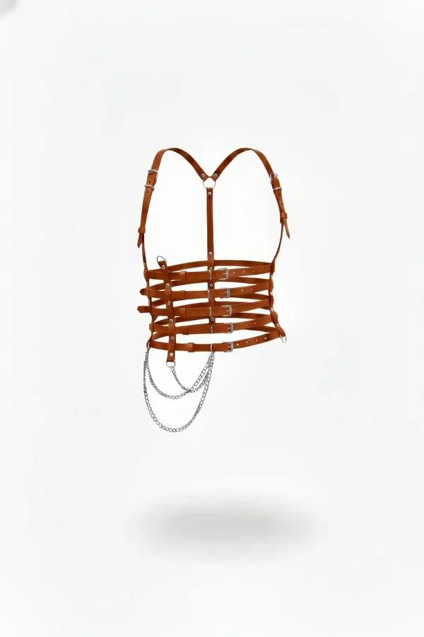 Multi-Strap Faux Leather Body Harness with Silver Chain Detail