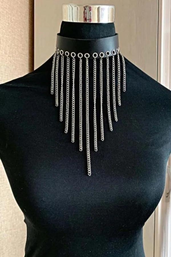 Faux Leather Choker Necklace with Waterfall Chain Fringe