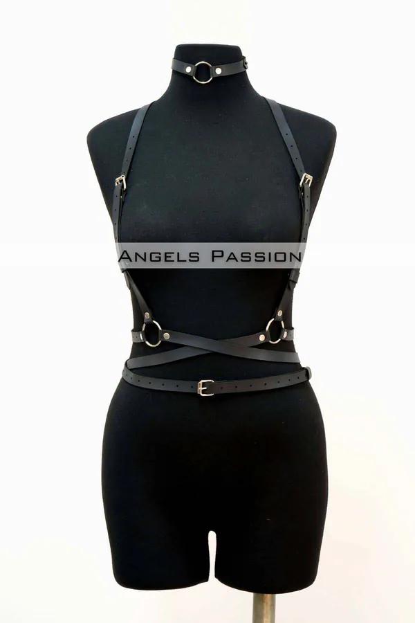 siyah vegan deri ayarlanabilir body harness choker O-ring bel kemeri kadın