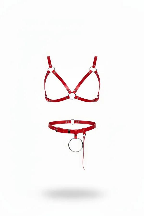 Red Strappy Harness Bra & O-Ring Waist Belt Set