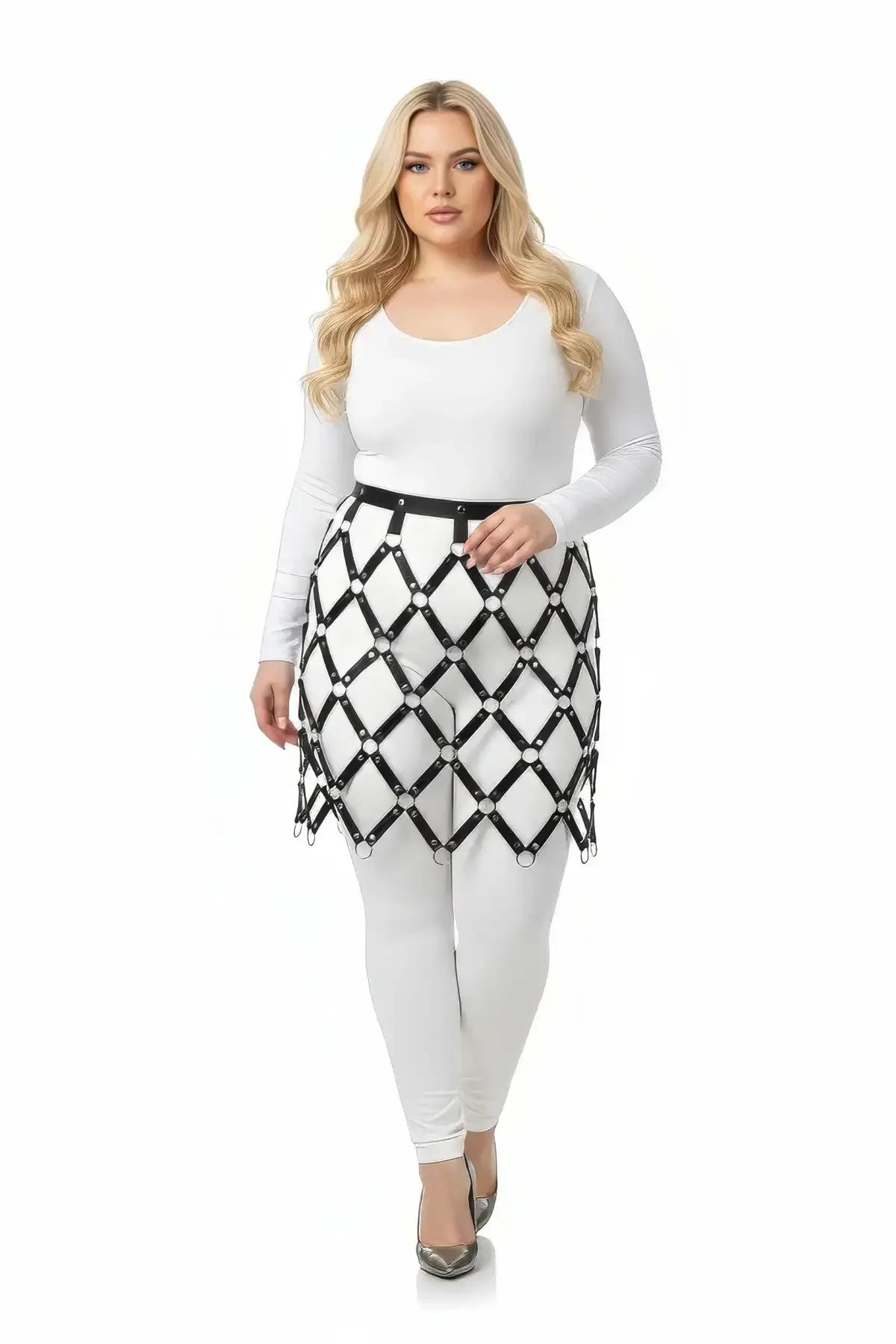Diamond Faux Leather Skirt Overlay Harness with O-Rings