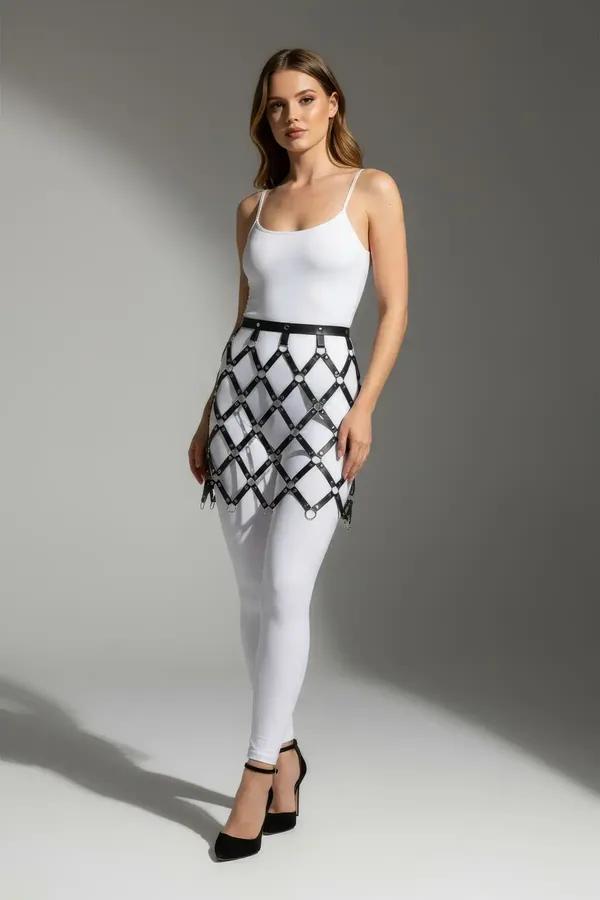 Lattice Cage Faux Leather Mini Skirt Harness