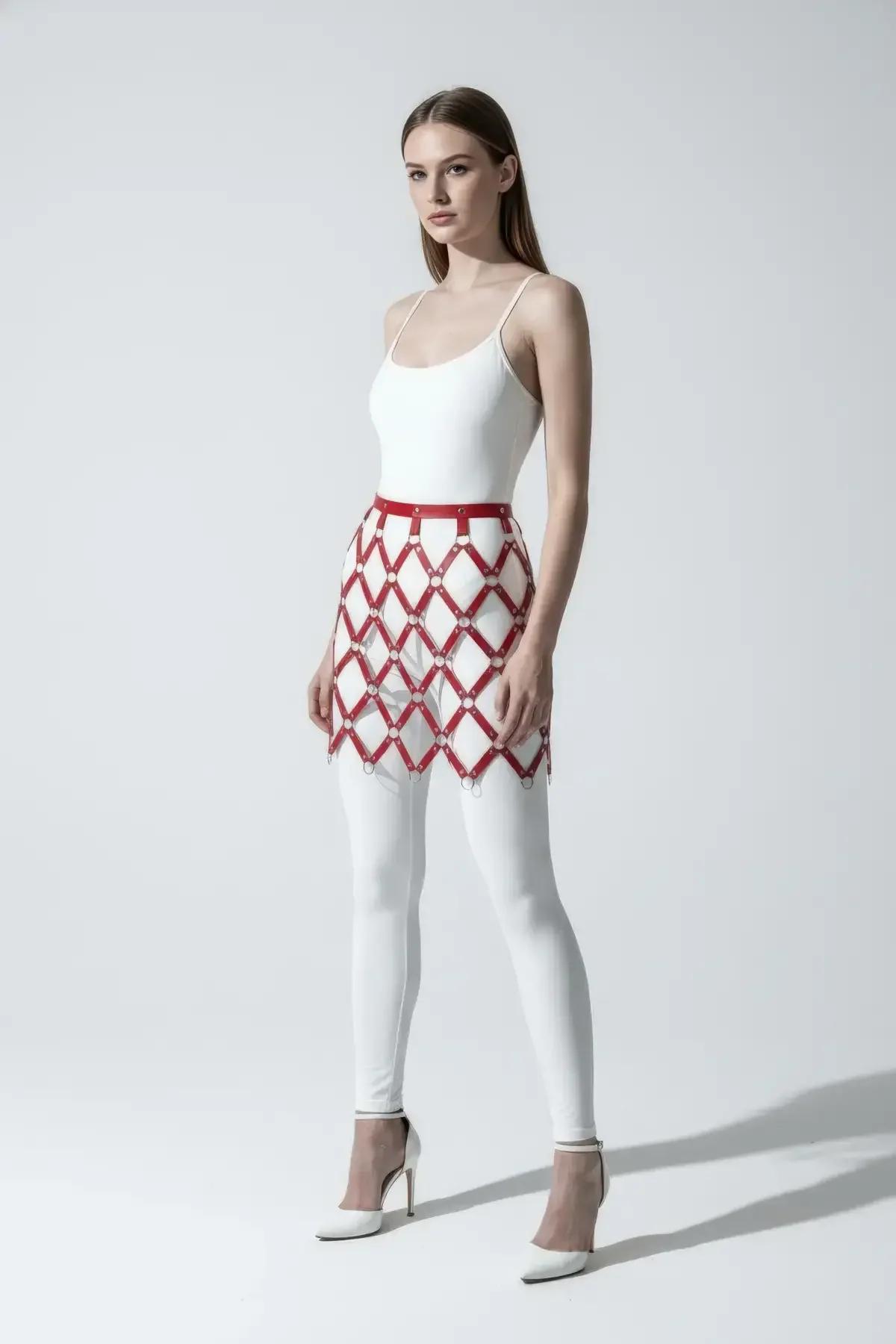 Diamond Grid Faux Leather Mini Skirt Overlay Harness