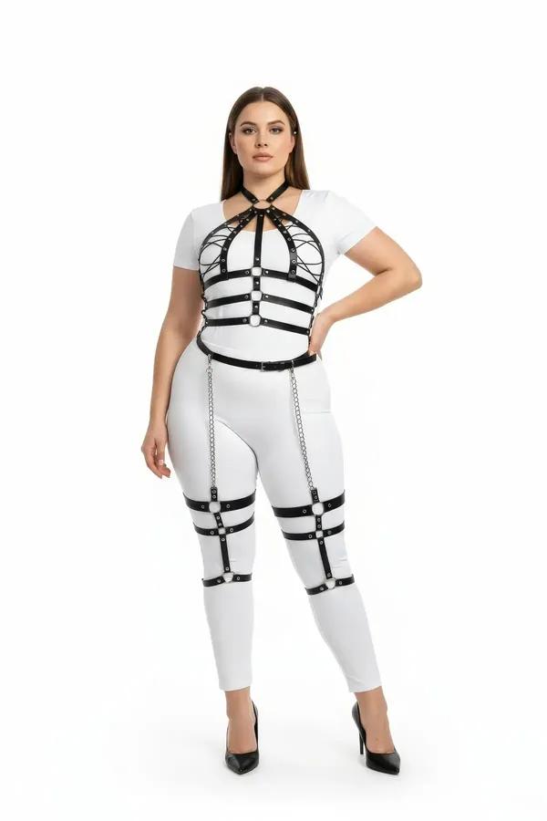 Black faux leather plus size full body harness with silver drop thigh chains, O-ring sternum detail, and studded horizontal c