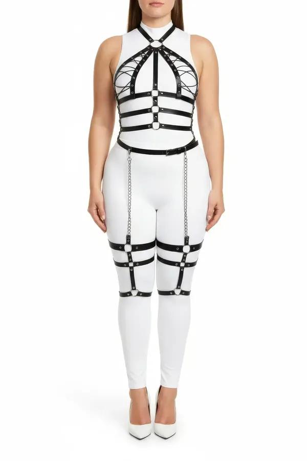 Black faux leather plus size full body harness with silver drop thigh chains, O-ring sternum detail, and studded horizontal c
