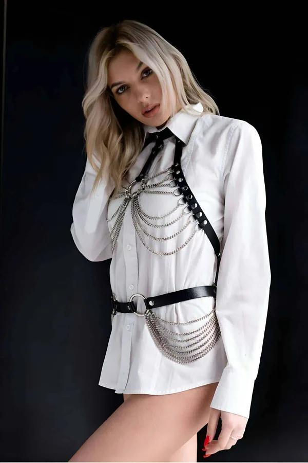 Chain Fringe Faux Leather Harness Set with Choker