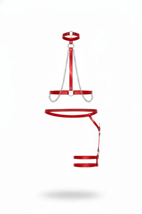 red faux leather body harness set with silver chain chest detail and dual-band thigh strap cuff