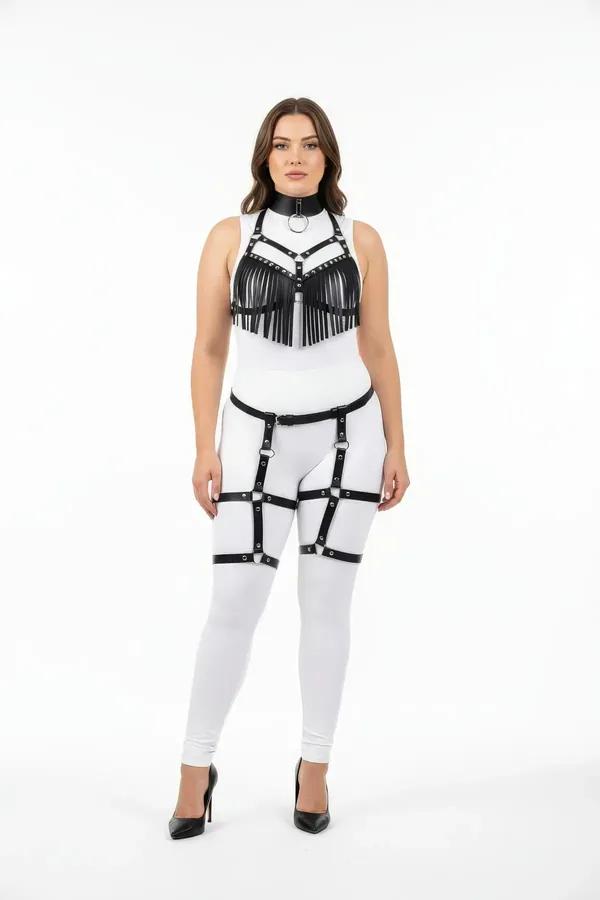 black faux leather fringed chest harness set with O-ring choker and leg garter straps on plus size model