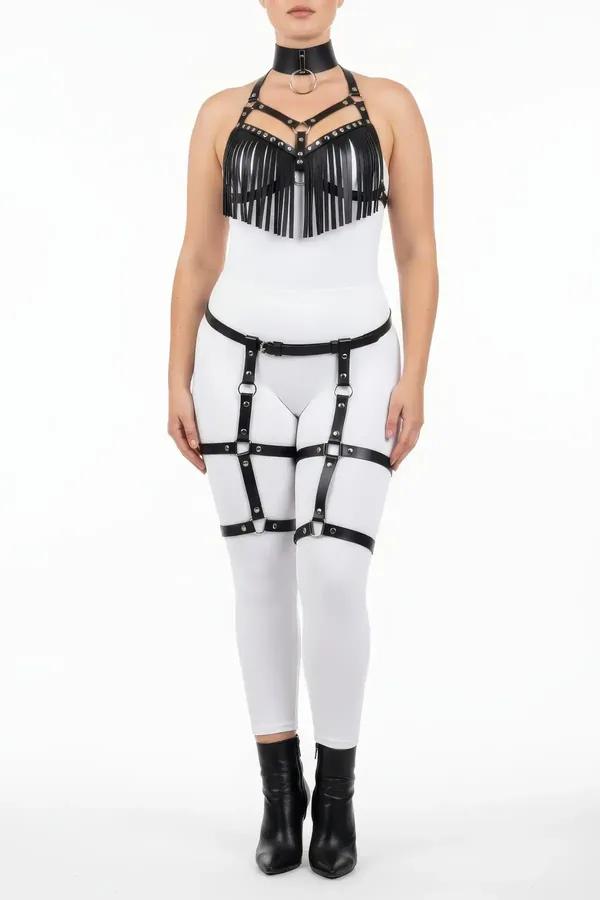 black faux leather fringed chest harness set with O-ring choker and leg garter straps on plus size model