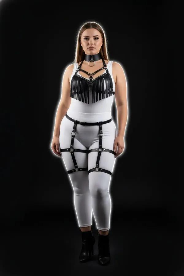 black faux leather fringed chest harness set with O-ring choker and leg garter straps on plus size model