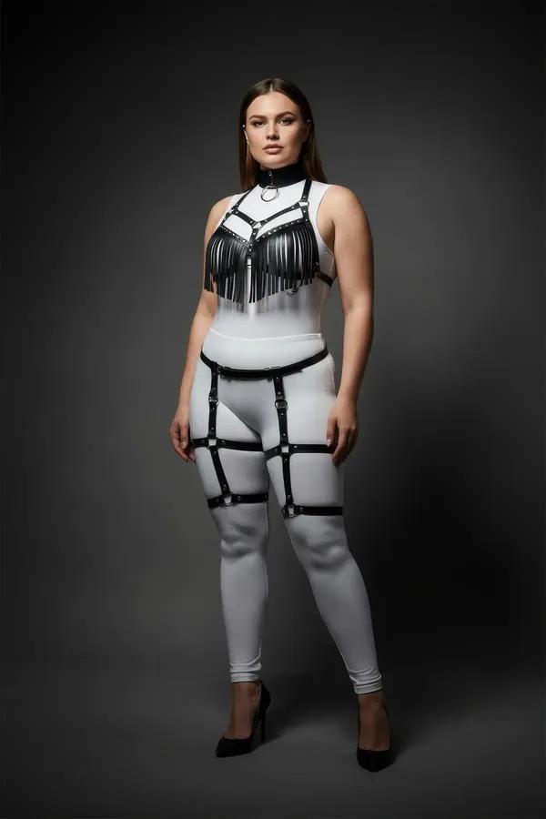 black faux leather fringed chest harness set with O-ring choker and leg garter straps on plus size model