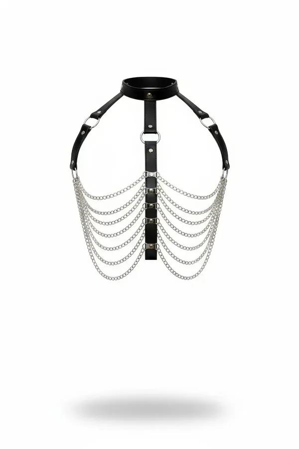 Choker Body Harness with Draped Silver Chain Front