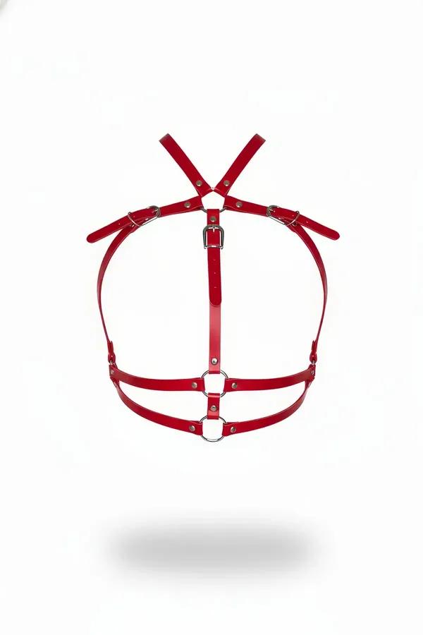 Red Faux Leather Chest Harness with O-Ring Details