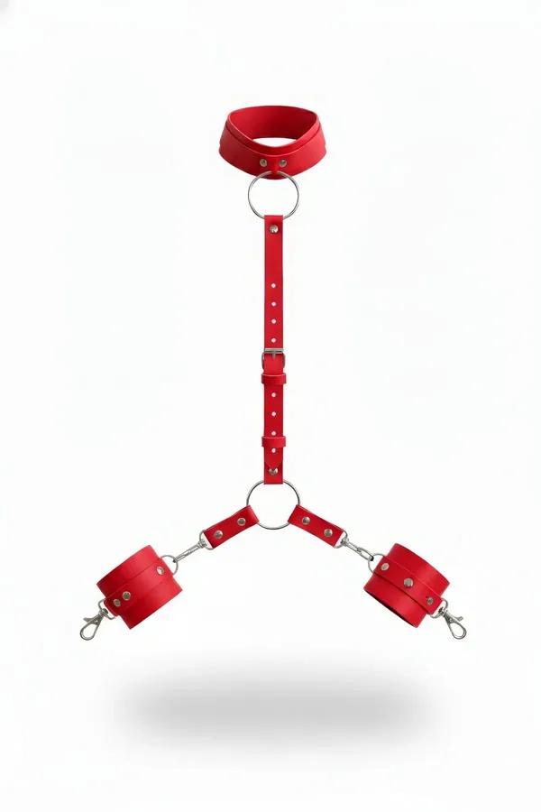 Red faux leather collar and handcuff set with silver O-ring connector strap and wide wrist cuffs