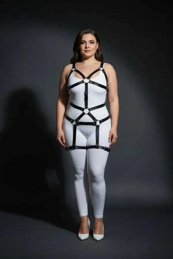 Plus size black faux leather full body harness with silver O-ring connectors and adjustable chest waist and thigh straps